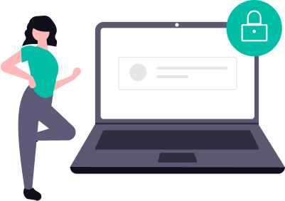 imagem de uma mulher com blusa verde em pé próxima a um computador